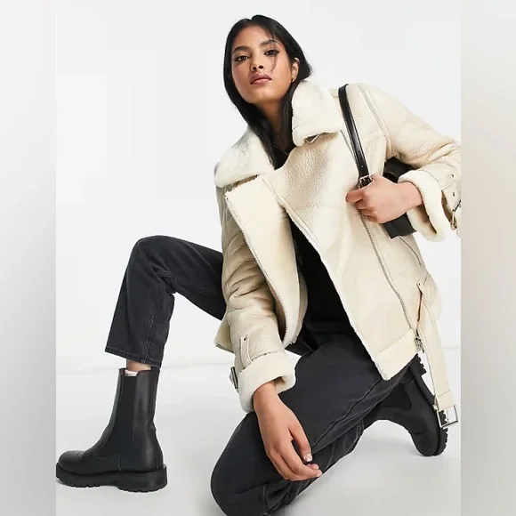 Topshop Faux Leather Shearling Aviator Biker Jacket - Picture 2 of 5